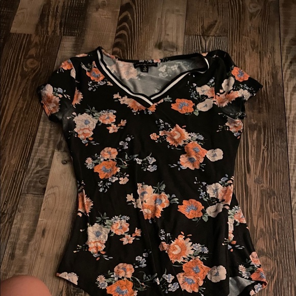 Tops - Floral V-Neck Women's Top - Black and Orange